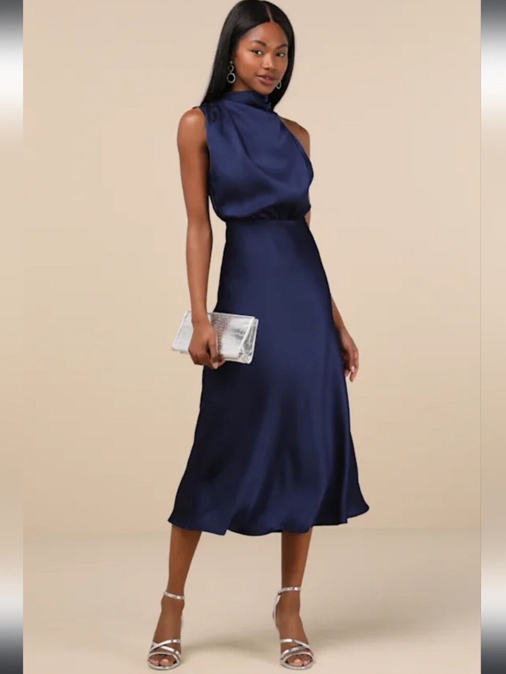 Lulus Distinctive Charm Navy Satin Asymmetrical Midi Dress